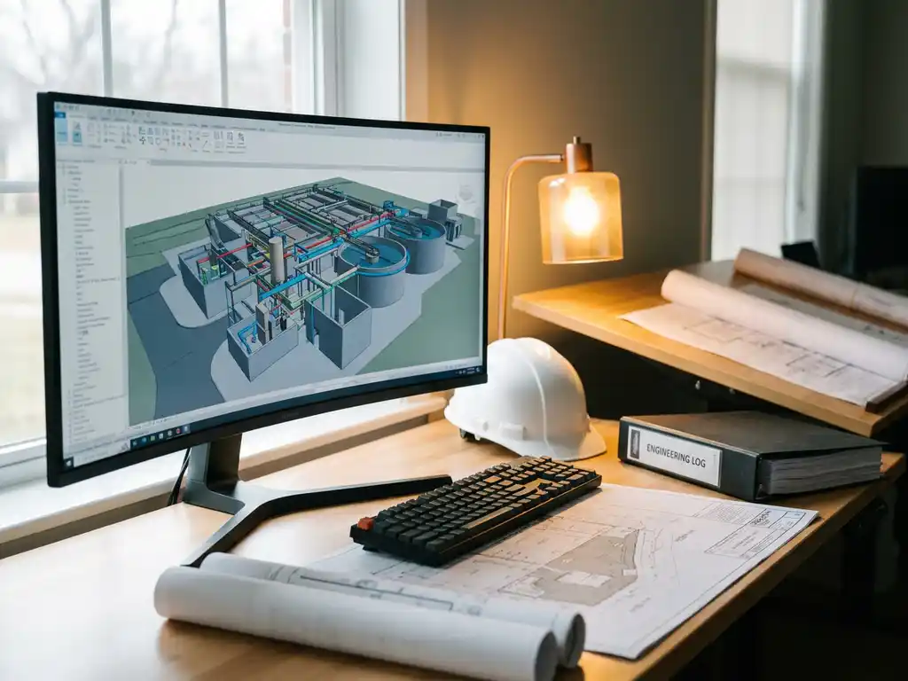 BIM-Modell einer Kläranlage auf Monitor, technische Zeichnungen auf Zeichentisch, Schutzhelm und Ingenieurordner daneben.
