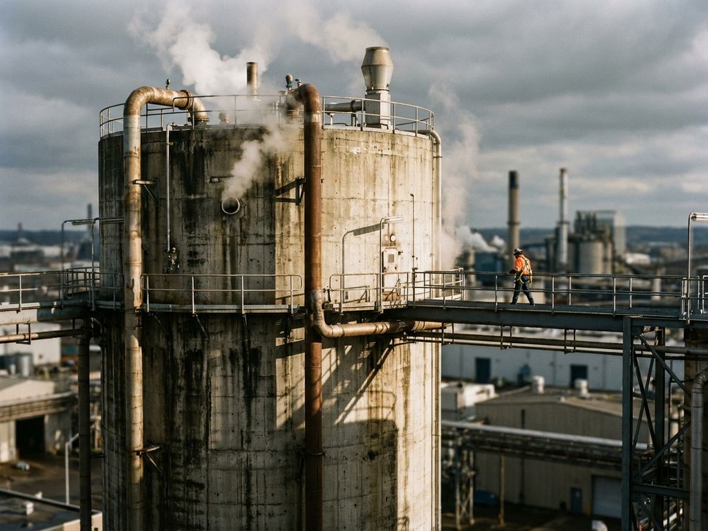 Großer Beton-Fermenter-Turm mit Rohrleitungen und Arbeiter auf Plattform, Biogas-Dampf steigt auf, Industrieanlage