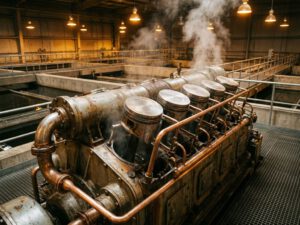 Industrieller Biogas-Motor mit sichtbaren Kolben und Kupferrohren in moderner Kläranlage mit Betontanks