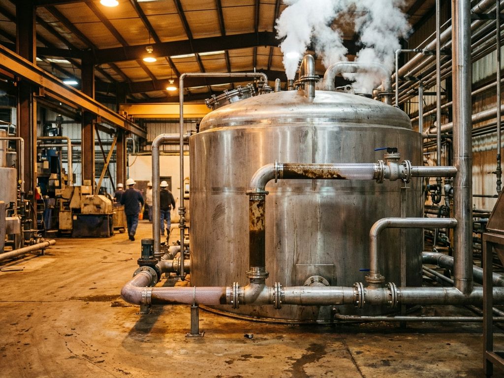 Großer Edelstahl-Fermenter mit Rohrleitungen und Ventilen in industrieller Biogas-Anlage, Dampf steigt aus Belüftungsöffnungen auf