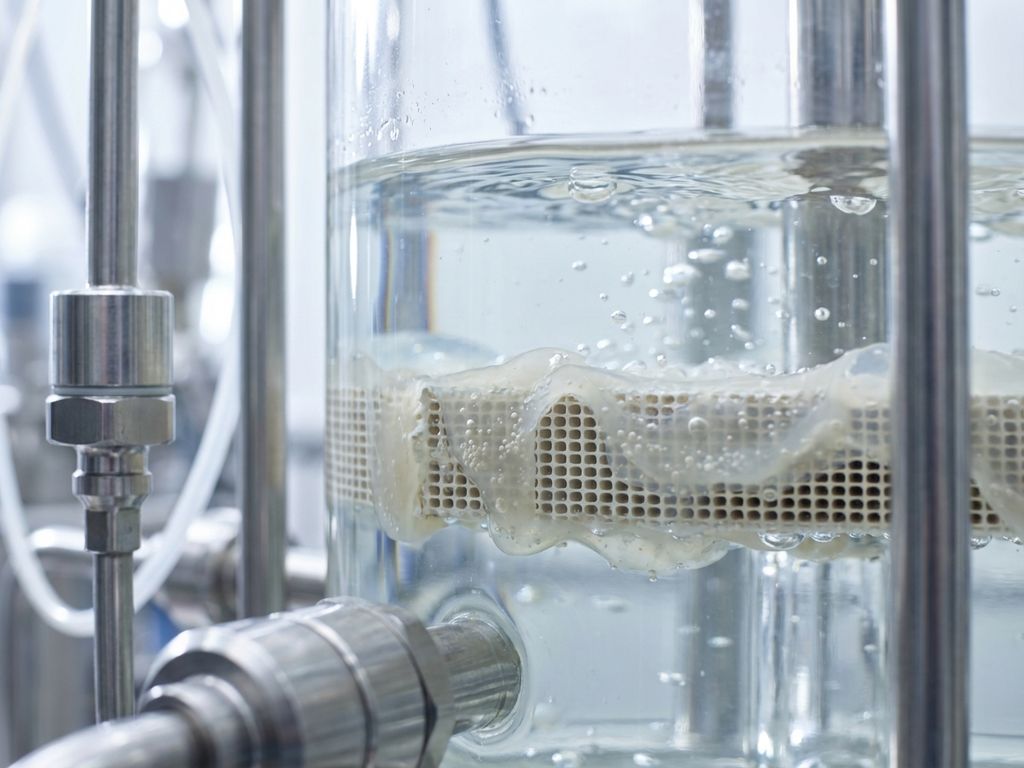 Klares Wasser fließt durch Labor-Bioreaktor mit phosphorentfernenden Bakterienkolonien als durchscheinende Biofilme