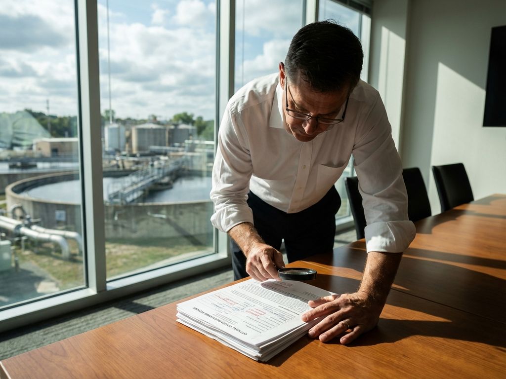 Compliance-Beamter prüft Wasserablass-Dokumente am Konferenztisch vor Industrieanlage im Hintergrund