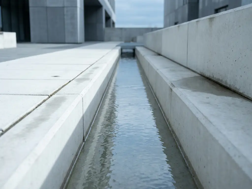 Betonrinne leitet klares Wasser entlang eines städtischen Gehwegs mit geometrischen Linien und weichen Schatten