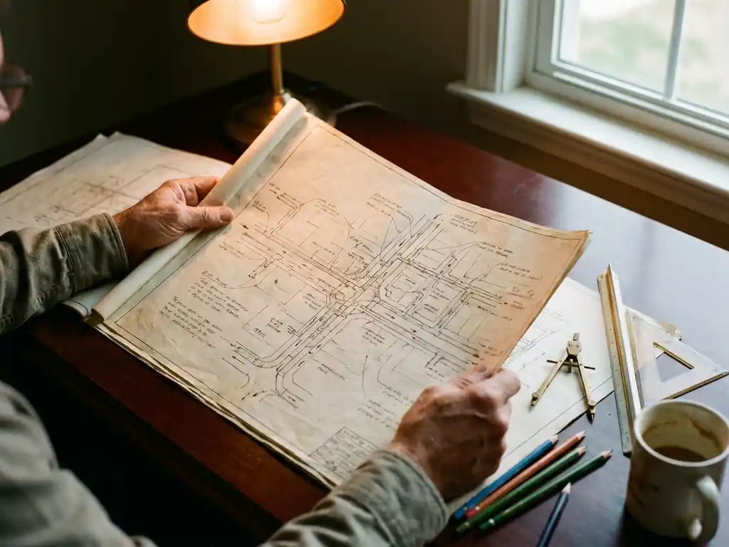 Bauingenieur hält detaillierten Entwässerungsplan mit Rohrnetzwerk auf Mahagoni-Schreibtisch, technische Werkzeuge daneben
