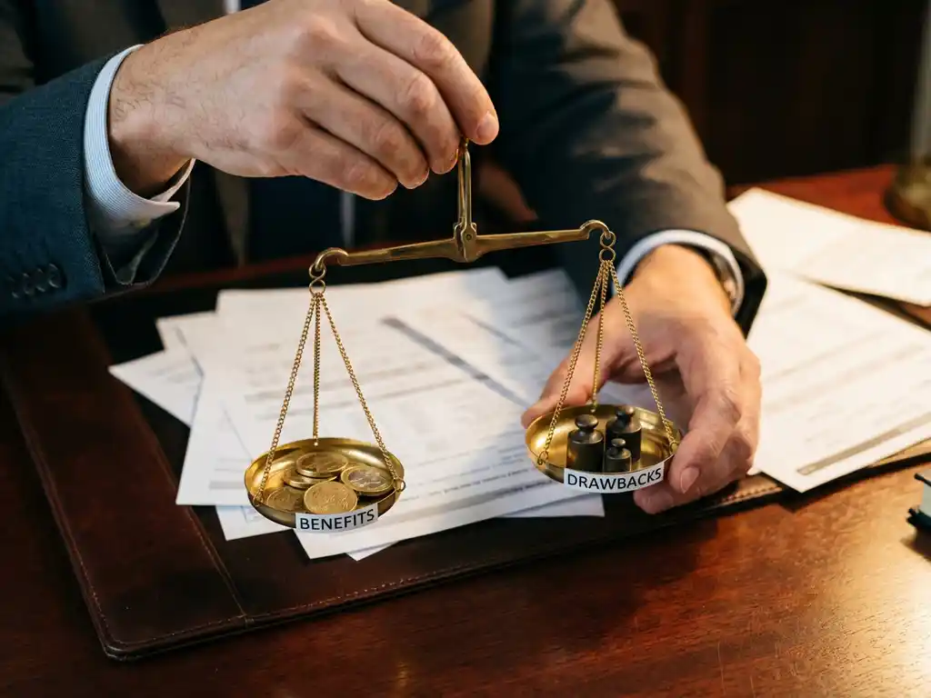 Geschäftsmann hält Messingwaage mit Goldmünzen und Gewichten auf Mahagoni-Schreibtisch mit Finanzdokumenten