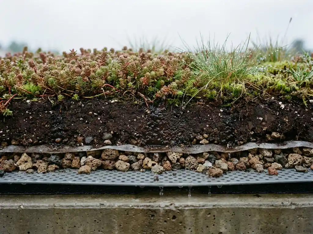Grünes Dachgarten-Querschnitt zeigt Sedumpflanzen und Gräser, die Regentropfen absorbieren, mit sichtbaren Drainageschichten