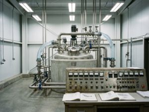 Industrielle Abwasserbehandlungsanlage mit zylindrischem Betonreaktor, Metallrohren und automatisierten Kontrollpanels