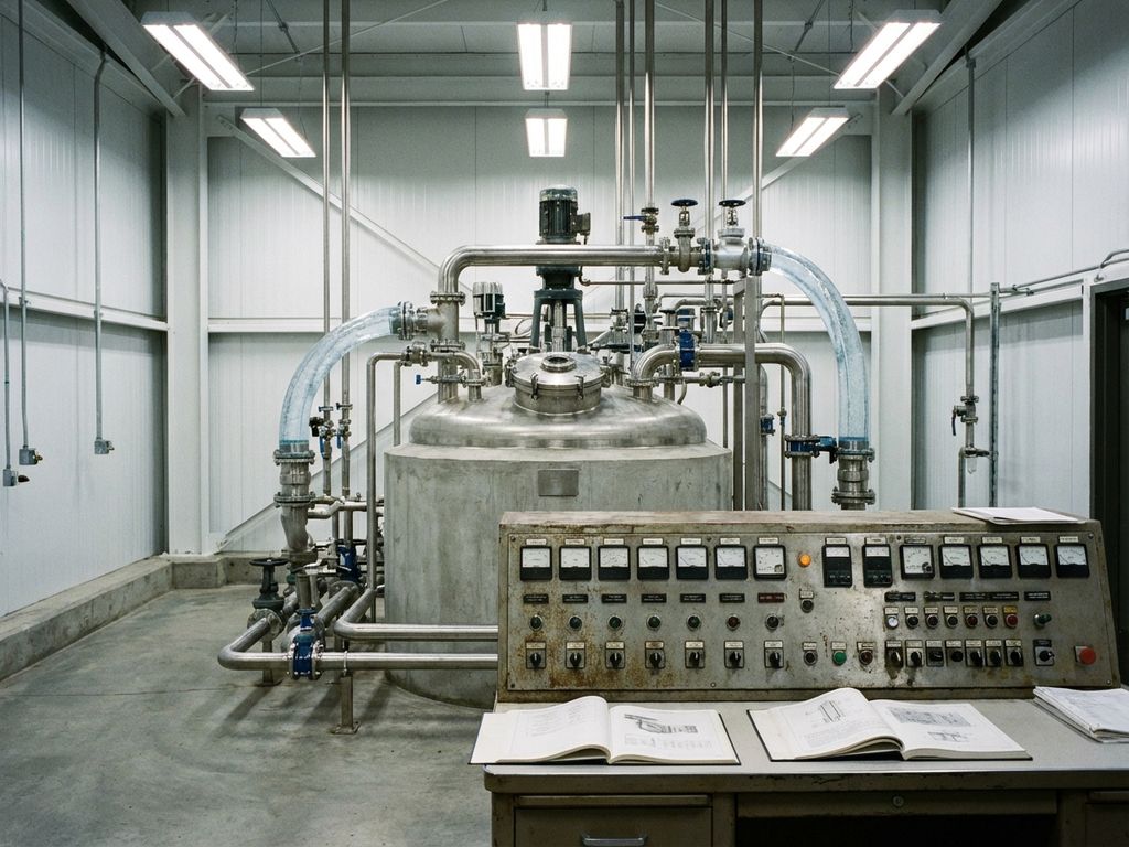 Industrielle Abwasserbehandlungsanlage mit zylindrischem Betonreaktor, Metallrohren und automatisierten Kontrollpanels