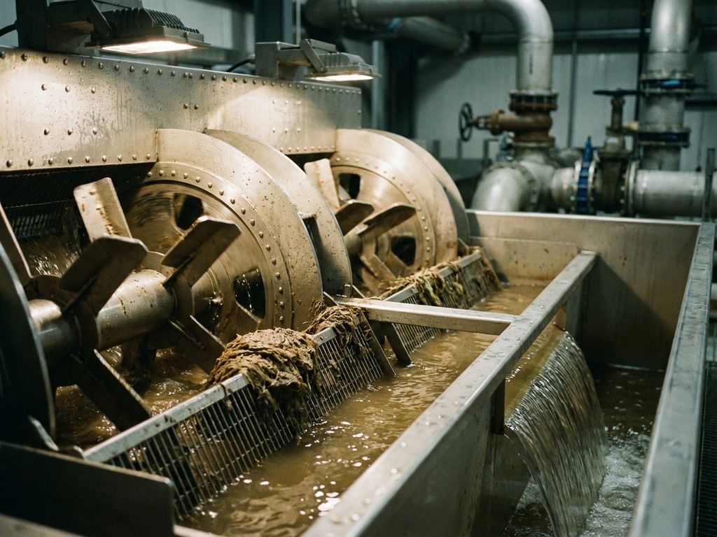 Industrielle Wasseraufbereitungsanlage mit Filtersieben und rotierenden Paddeln zur Entfernung von Sedimenten aus trübem Wasser