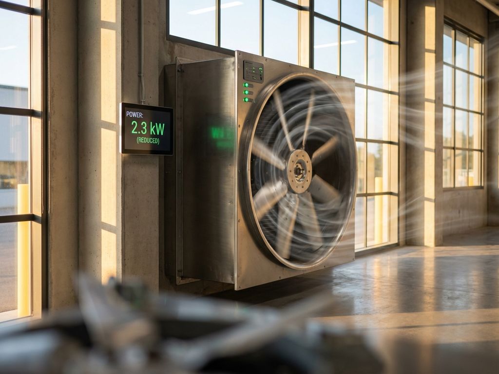 Moderner Industrieventilator an Fabrikwand mit grünen LED-Anzeigen und digitalem Stromverbrauchsmessgerät