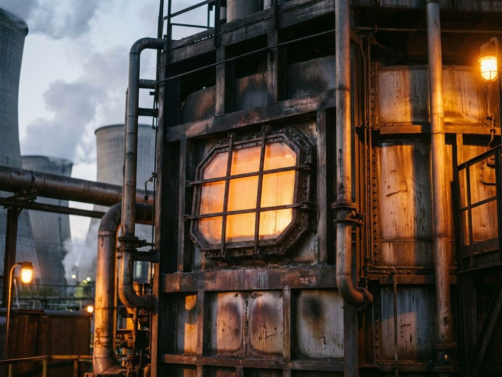 Industrieofen mit glühenden orangefarbenen Flammen hinter verstärkten Glasfenstern, umgeben von Stahlrohren und Dampf
