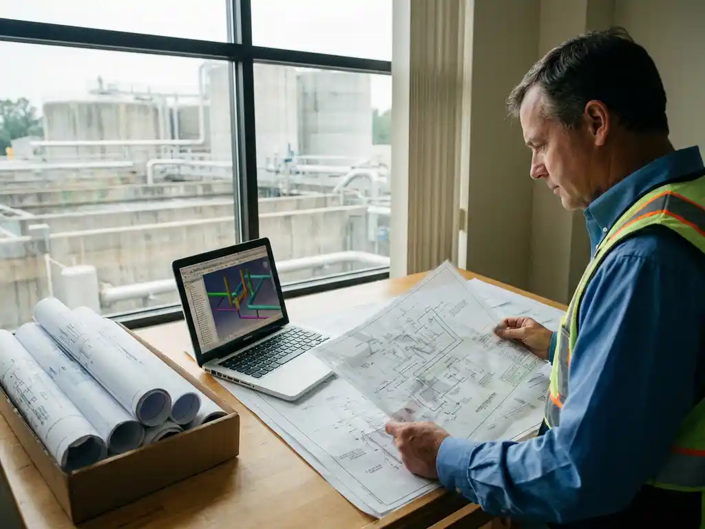 Bauingenieur prüft Abwasserinfrastruktur-Pläne auf Zeichentisch, Laptop mit Rohrleitungsschemata daneben, Industrieanlage im Hintergrund.