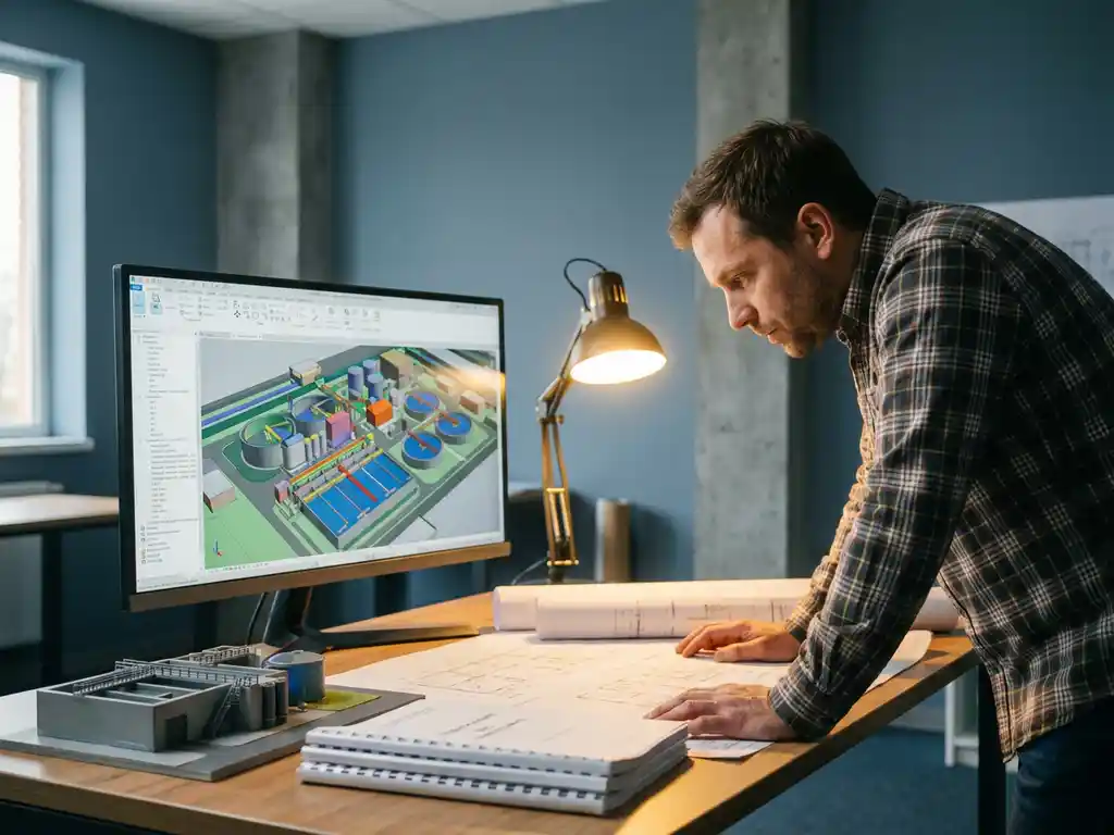 Kommunalingenieur analysiert 3D-BIM-Modell einer Kläranlage am Monitor, Baupläne und Ausschreibungsunterlagen auf dem Schreibtisch.