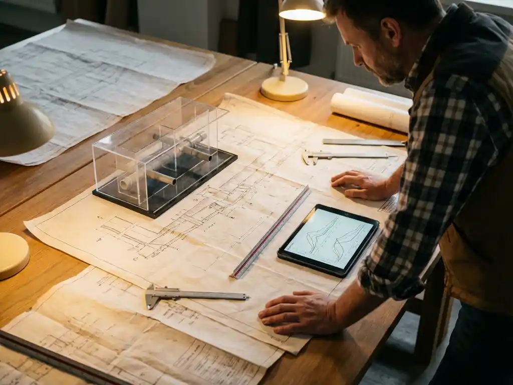 Stadtingenieur prüft Entwässerungspläne mit Rohrsystem-Modell und Messgeräten auf Holztisch im Büro