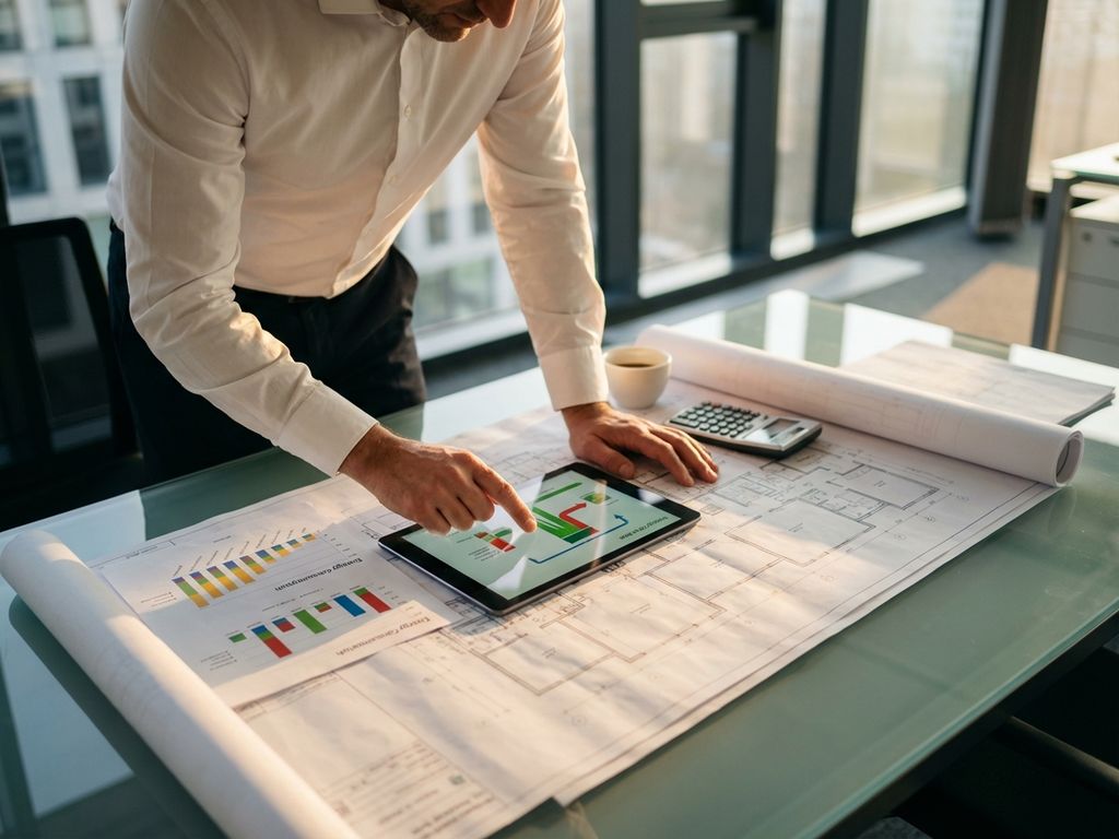 Ingenieur analysiert technische Pläne und Energiediagramme am Schreibtisch mit Tablet und Taschenrechner
