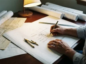 Bauingenieur zeichnet Entwässerungspläne mit technischen Stiften auf Zeichentisch mit Bauplänen und Vermessungskarten