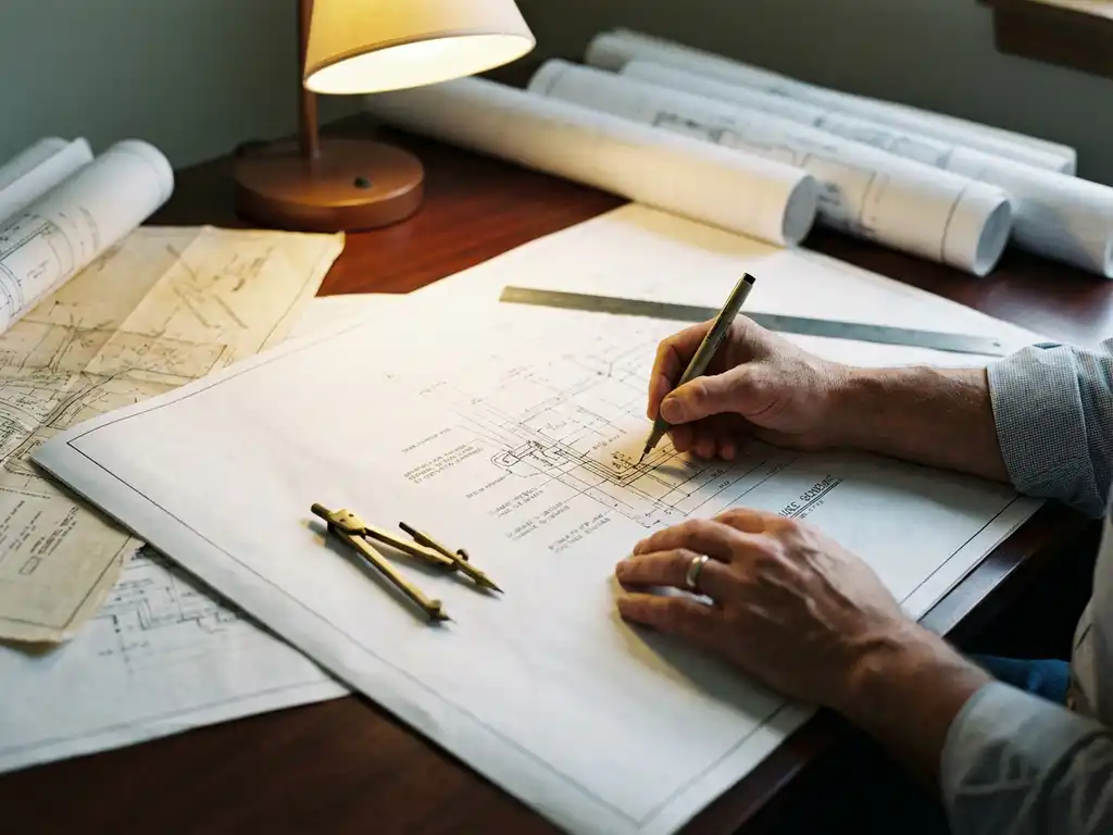 Bauingenieur zeichnet Entwässerungspläne mit technischen Stiften auf Zeichentisch mit Bauplänen und Vermessungskarten