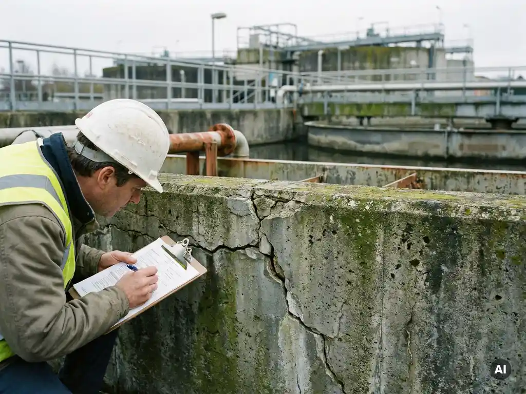 Bauingenieur mit Schutzhelm inspiziert gerissenen Beton an einer Kläranlage mit Klemmbrett in der Hand.