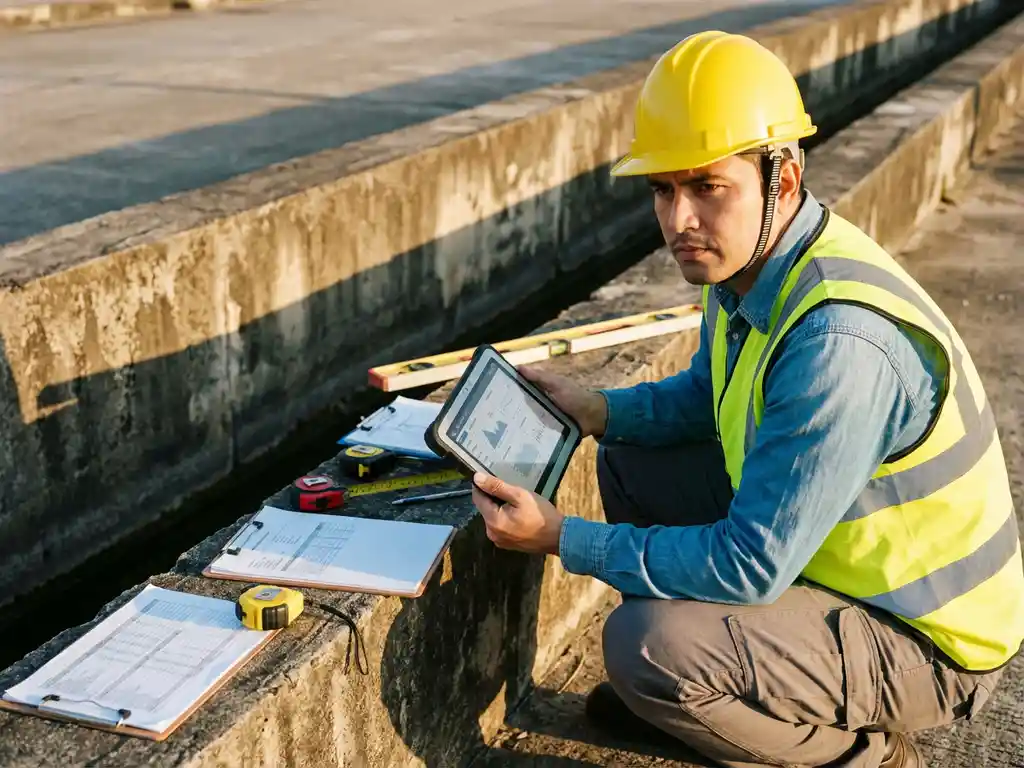 Ingenieur mit Helm untersucht Betonkanal mit digitalem Tablet, Messwerkzeuge am Rand, Nachmittagssonne