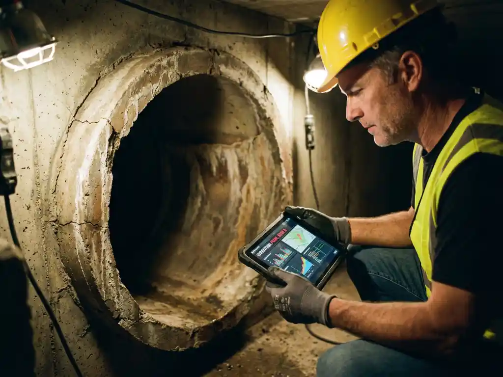 Ingenieur mit Helm untersucht Abwasserinfrastruktur mit Tablet, zeigt Rohrverschleiß und Bewertungsdaten