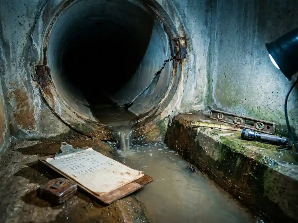 Gerissenes Abwasserrohr unter der Erde mit auslaufendem Grundwasser, korrodierte Verbindungen, Klemmbrett und Messwerkzeuge auf feuchtem Beton.