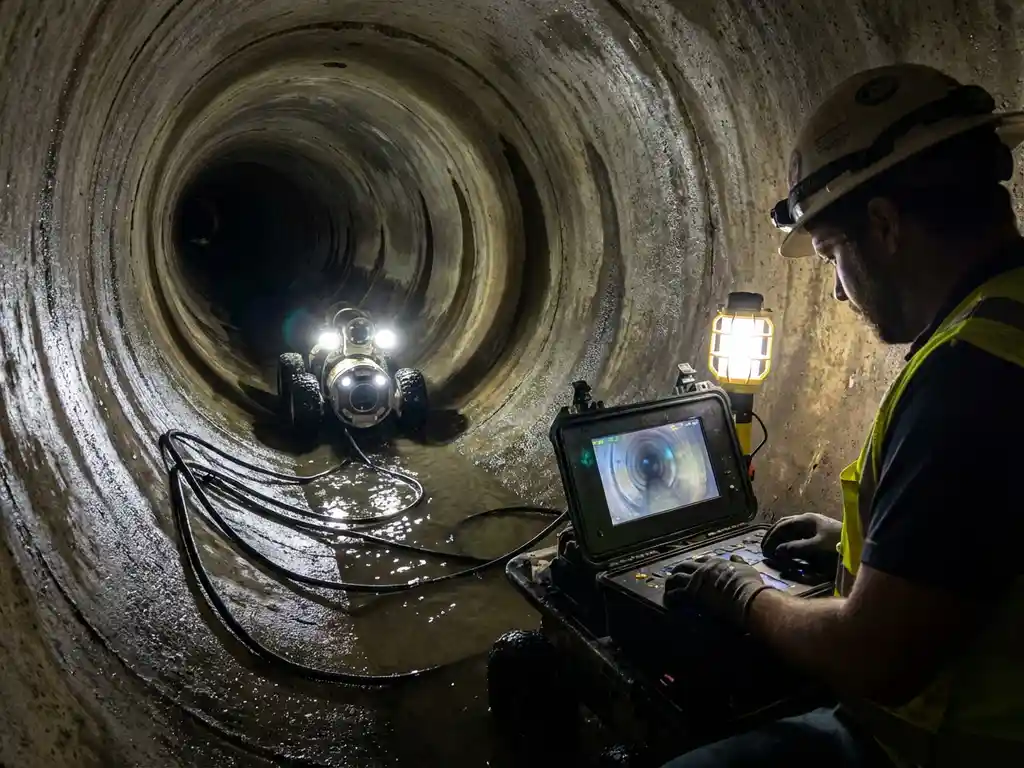 Techniker bedient TV-Inspektionskamera in Betonabwasserrohr, LED-beleuchtetes Robotergerät untersucht Kanalwände
