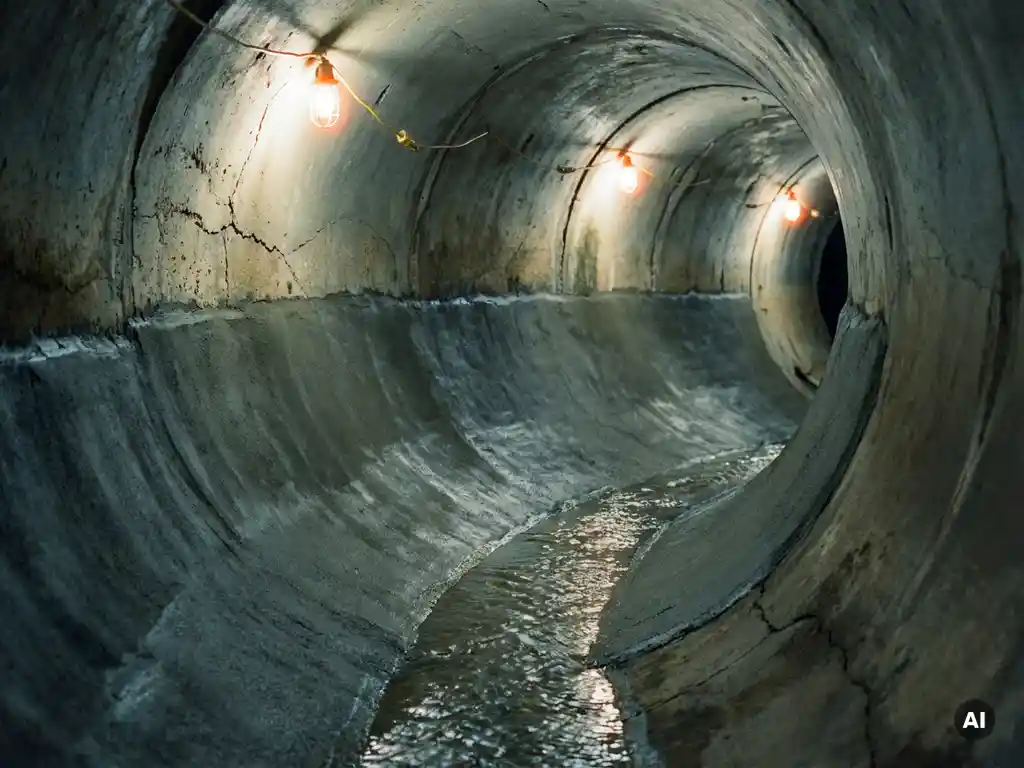 Frisch sanierter Betonkanal mit glatter Zementbeschichtung, sauber fließendem Wasser und Kontrast zwischen restauriertem und verwittertem Beton.
