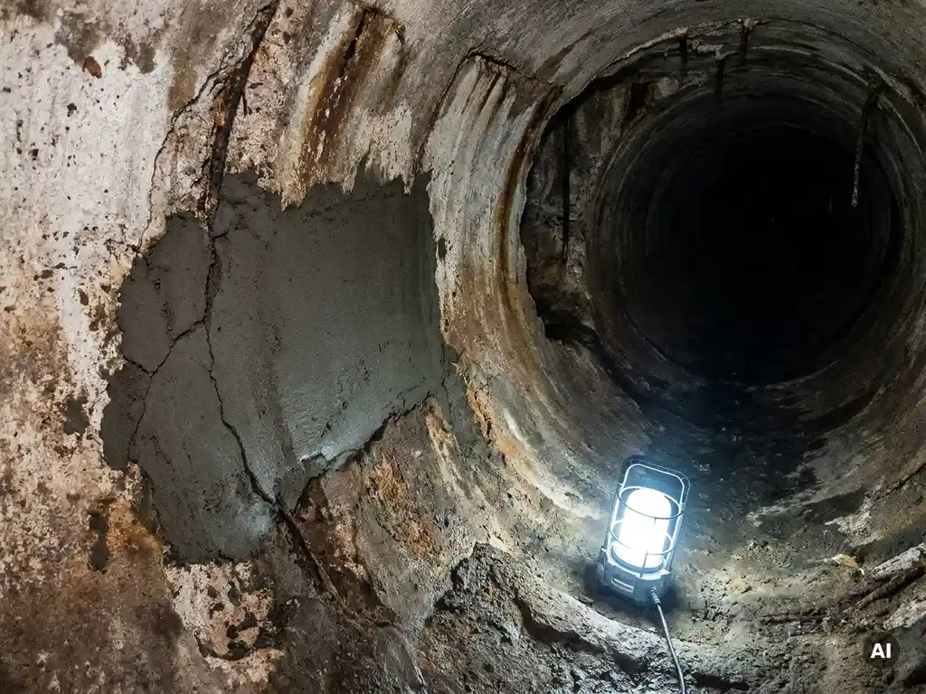 Sanierter Riss in einem unterirdischen Betonkanal mit frischem Reparaturmörtel, beleuchtet von einer Inspektionslampe.