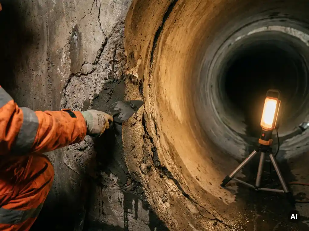 Kanalrohr-Sanierung mit frischem Reparaturmörtel auf erodiertem Betonrohr, Nahaufnahme eines Arbeiters mit Schutzhandschuhen im Tunnel.