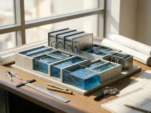 Detailliertes 3D-Architekturmodell einer modernen Kläranlage mit transparentem blauen Wasser auf Ingenieurbüro-Schreibtisch