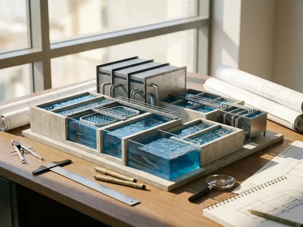 Detailliertes 3D-Architekturmodell einer modernen Kläranlage mit transparentem blauen Wasser auf Ingenieurbüro-Schreibtisch