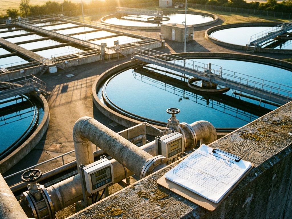 Moderne Kläranlage mit kreisförmigen Klärbecken, blaues Wasser, Rohrleitungen und Überwachungsgeräten bei Morgenlicht