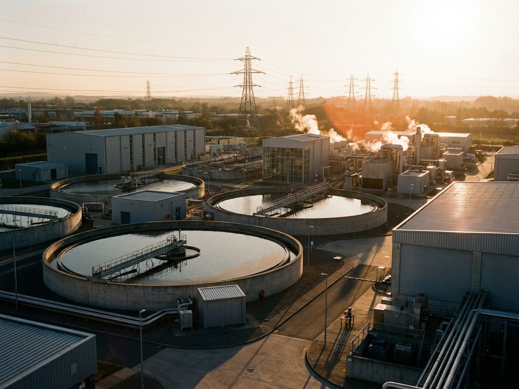 Moderne Kläranlage mit kreisförmigen Klärbecken und Strommasten bei goldenem Sonnenlicht, Luftaufnahme der Infrastruktur