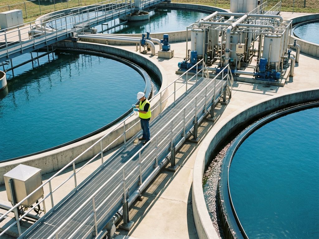 Moderne Kläranlage mit kreisförmigen Klärbecken voller sauberem blauen Wasser und Techniker in Schutzausrüstung