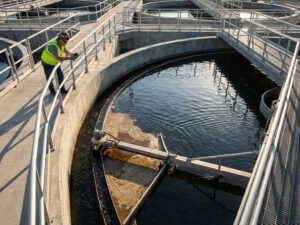 Arbeiter in Schutzausrüstung kontrolliert Klärbecken mit Ölabscheidung in moderner Abwasserbehandlungsanlage