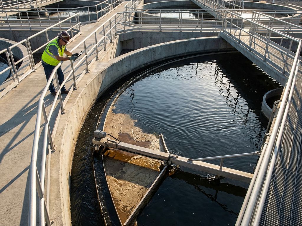 Arbeiter in Schutzausrüstung kontrolliert Klärbecken mit Ölabscheidung in moderner Abwasserbehandlungsanlage