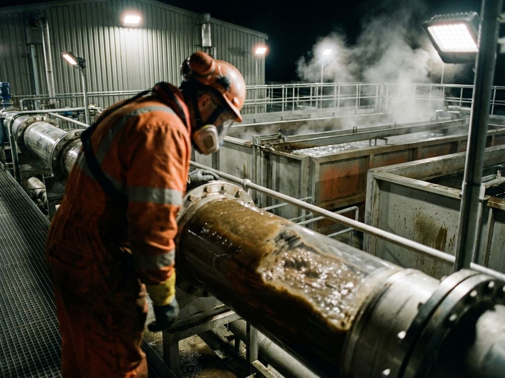 Arbeiter in Schutzausrüstung untersucht dunklen Klärschlamm in industrieller Abwasseraufbereitungsanlage mit Rohrsystem
