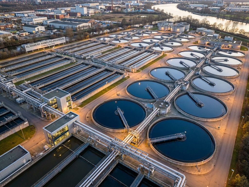 Luftaufnahme von Deutschlands größter Kläranlage mit kreisförmigen Klärbecken und rechteckigen Absetzbecken