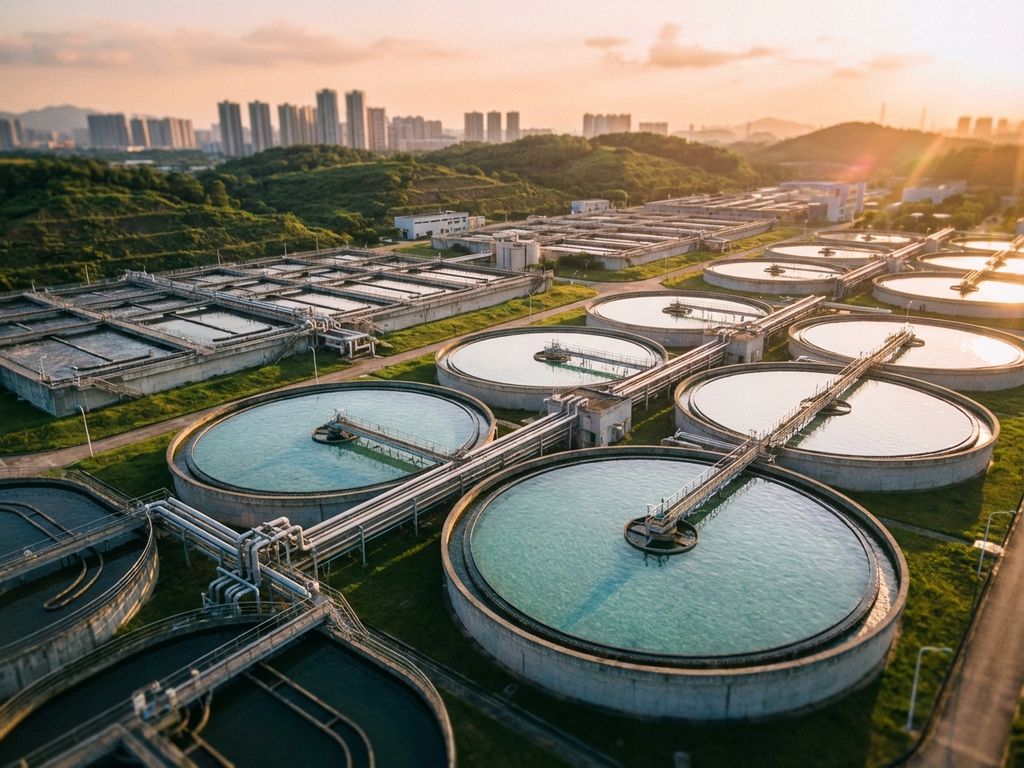 Moderne Kläranlage mit kreisförmigen Klärbecken auf grünen Hügeln, Stadtsilhouette im Hintergrund, Luftaufnahme