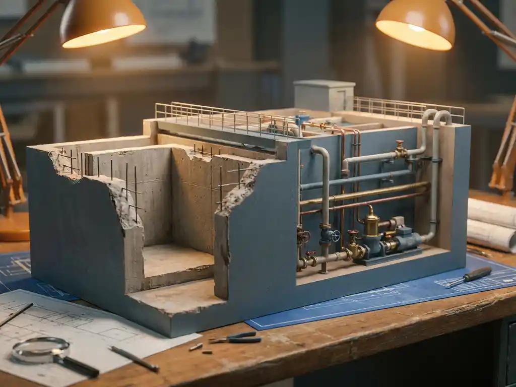 Architektonisches Querschnittsmodell einer Kläranlage mit Betonschalen und Rohrleitungen auf einem Ingenieurtisch.