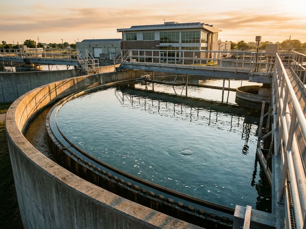 Große runde Klärbecken einer Kläranlage mit klarem Wasser, Belüftern und Industrieanlagen im Hintergrund bei Sonnenuntergang