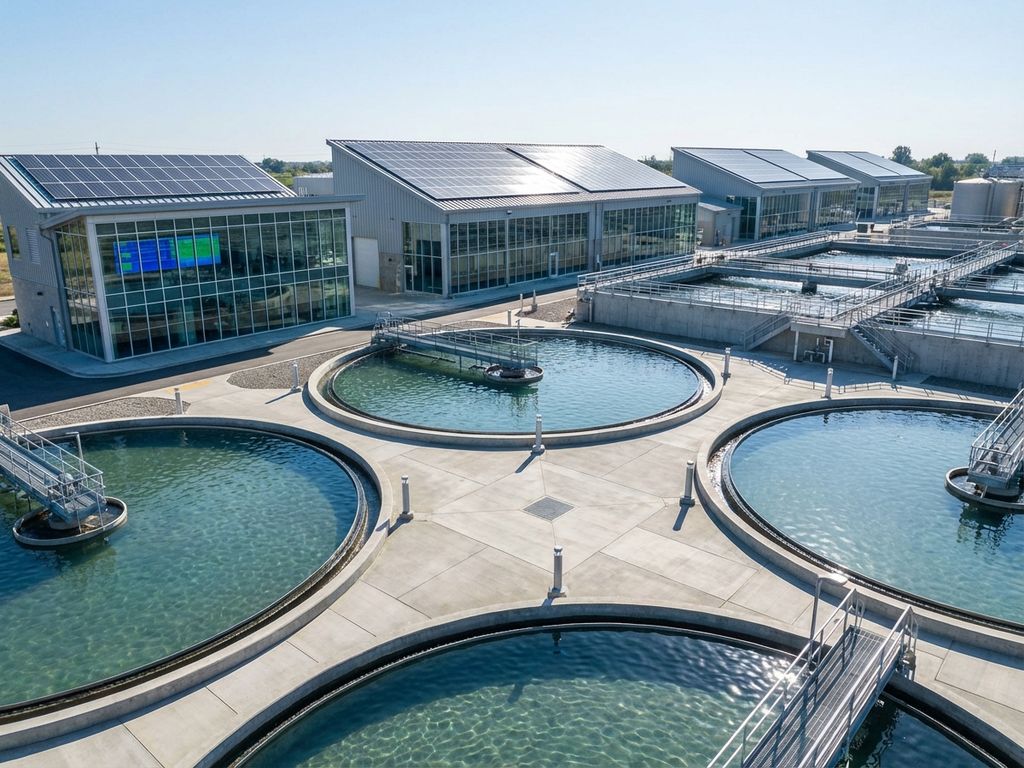 Moderne Kläranlage mit kreisförmigen Klärbecken und Solarpanels auf Dächern bei Tageslicht aus der Vogelperspektive