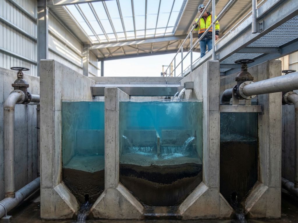 Querschnitt eines modernen Betonklärbeckens mit klarem Wasser, Sedimentabsetzung und Arbeiter auf Metallsteg