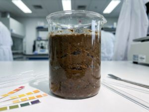 Dunkler Klärschlamm in Laborbecherglas mit sichtbaren Partikeln und Sedimentschichten auf weißer Laborbank
