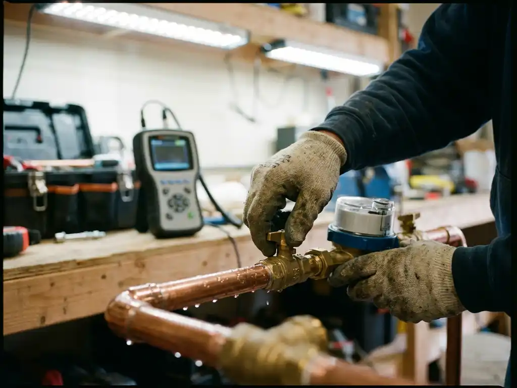 Klempner justiert Wasserzählerventil an glänzenden Kupferrohren, Leckage-Detektionsgerät auf Werkbank sichtbar