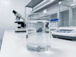 Wasserglas mit mikroskopischen Partikeln auf Labortisch, Mikroskop und Reagenzgläser im Hintergrund