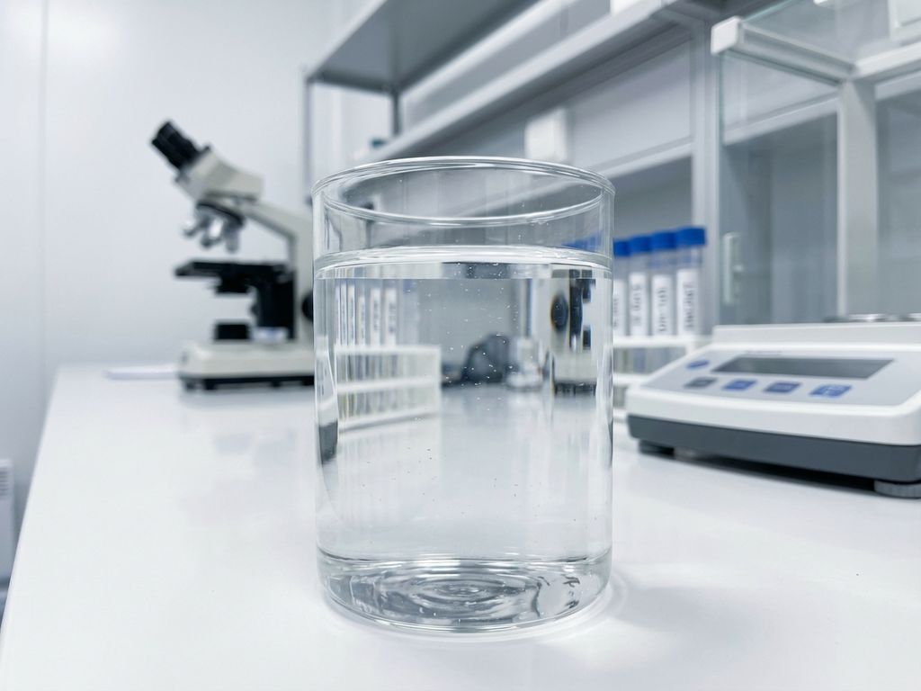 Wasserglas mit mikroskopischen Partikeln auf Labortisch, Mikroskop und Reagenzgläser im Hintergrund