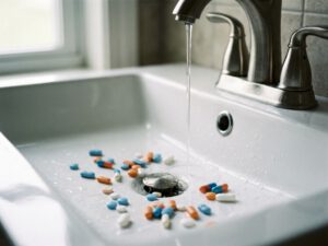 Bunte Medikamentenpillen und Kapseln auf weißem Porzellanwaschbecken mit fließendem Wasser aus Chromarmatur