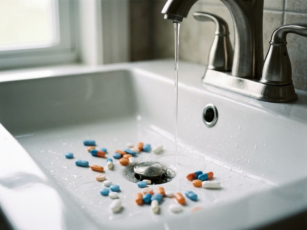 Bunte Medikamentenpillen und Kapseln auf weißem Porzellanwaschbecken mit fließendem Wasser aus Chromarmatur