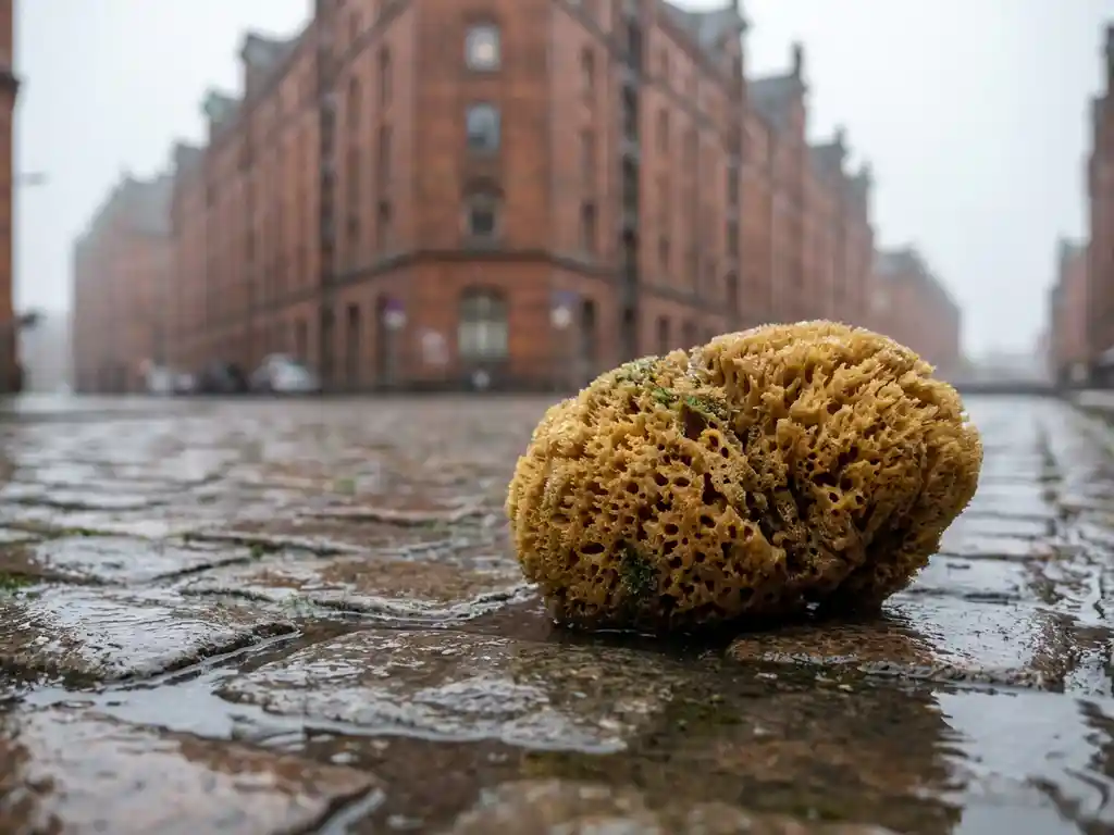 Naturschwamm auf nassen Kopfsteinpflaster in Hamburgs Speicherstadt mit roten Backsteinlagerhäusern im Hintergrund